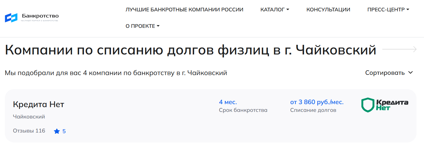 КредитаНет – первые в рейтинге компаний по банкротству в Чайковском на сайте Банкротство Инфо